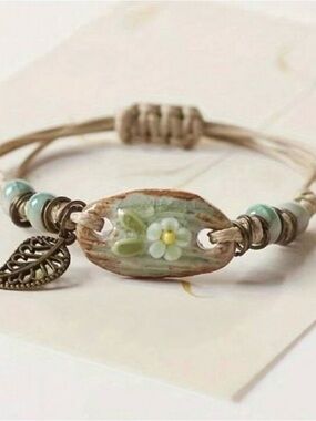 Handcrafted Cream and Mint Green Flower Charm Bracelet